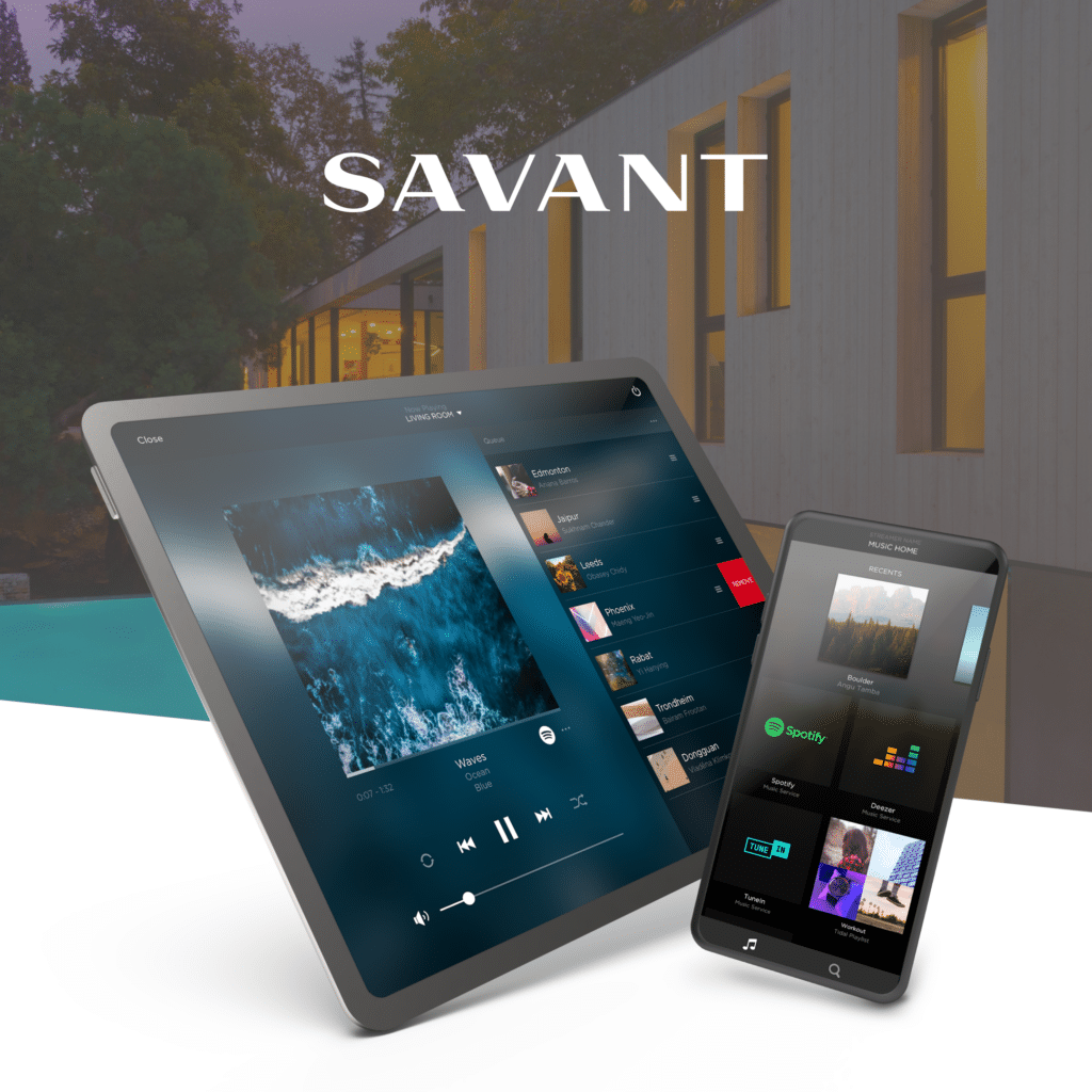 Image of the Savant Systems app on a phone and tablet.