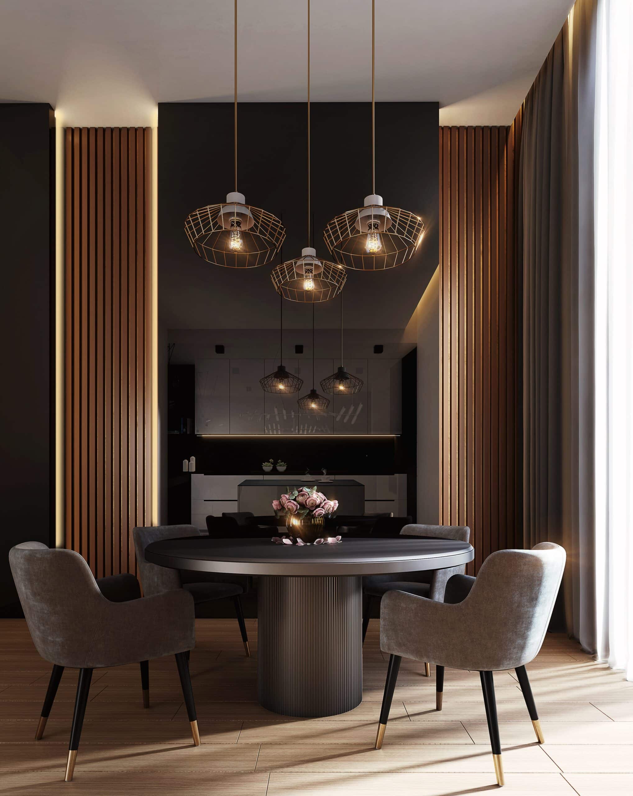 Picture of a dining room table with a three pendant chandelier