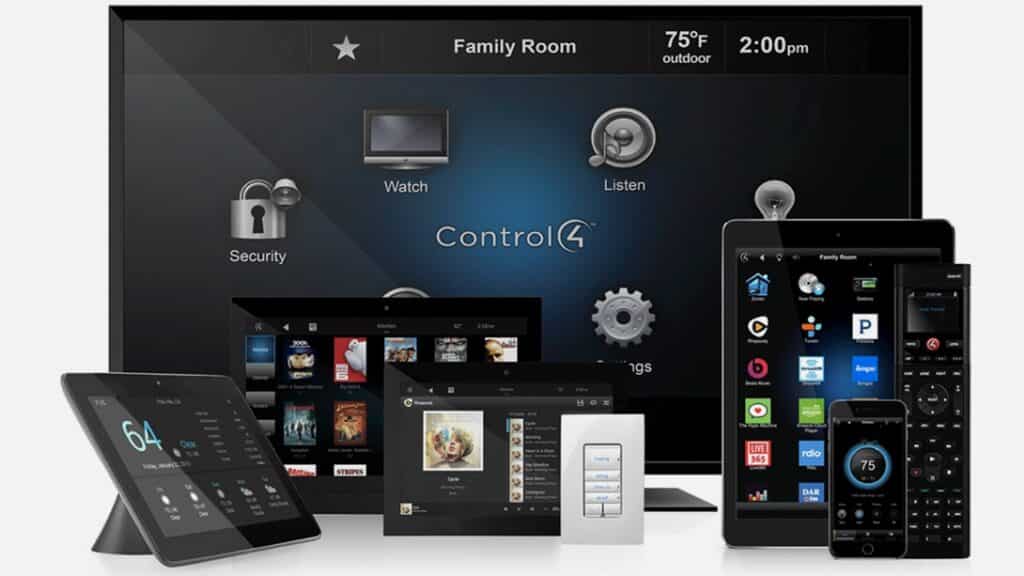 Image of Control4 suite of products including a wall panel and touch screens