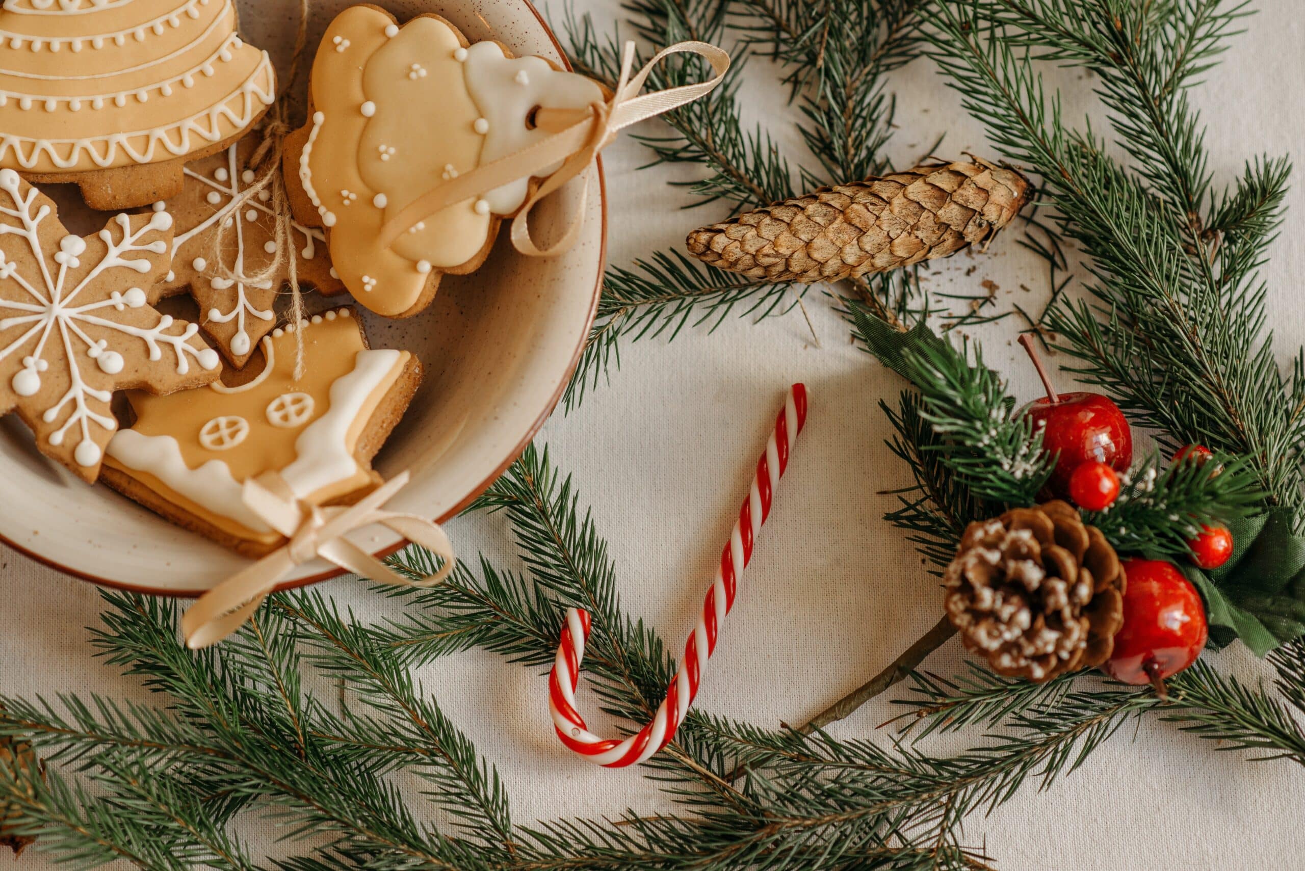 Photo of christmas cookies and pine cones and a candy cane