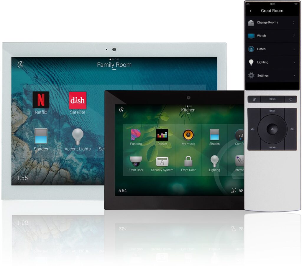 Image of C4 products on a wall monitor, tablet, and the C4 remote