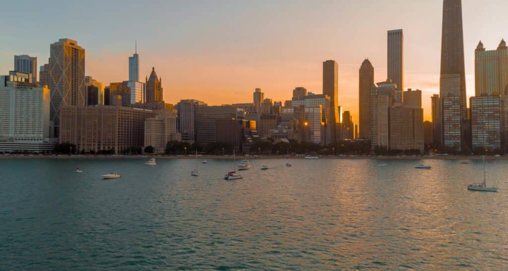 Chicago skyline from the lake at sunset