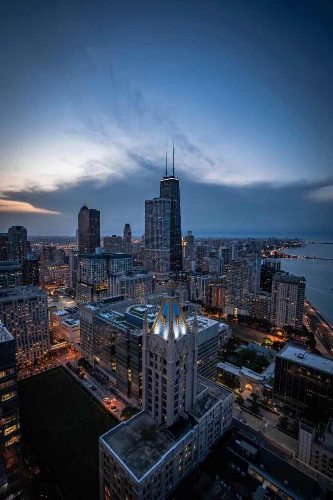 Aerial shot of Chicago at dusk.